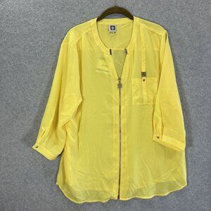 Anne Klein Womens XL Yellow Sheer Zip-Front Blouse NWT 3/4 Sleeve Colorful Beach